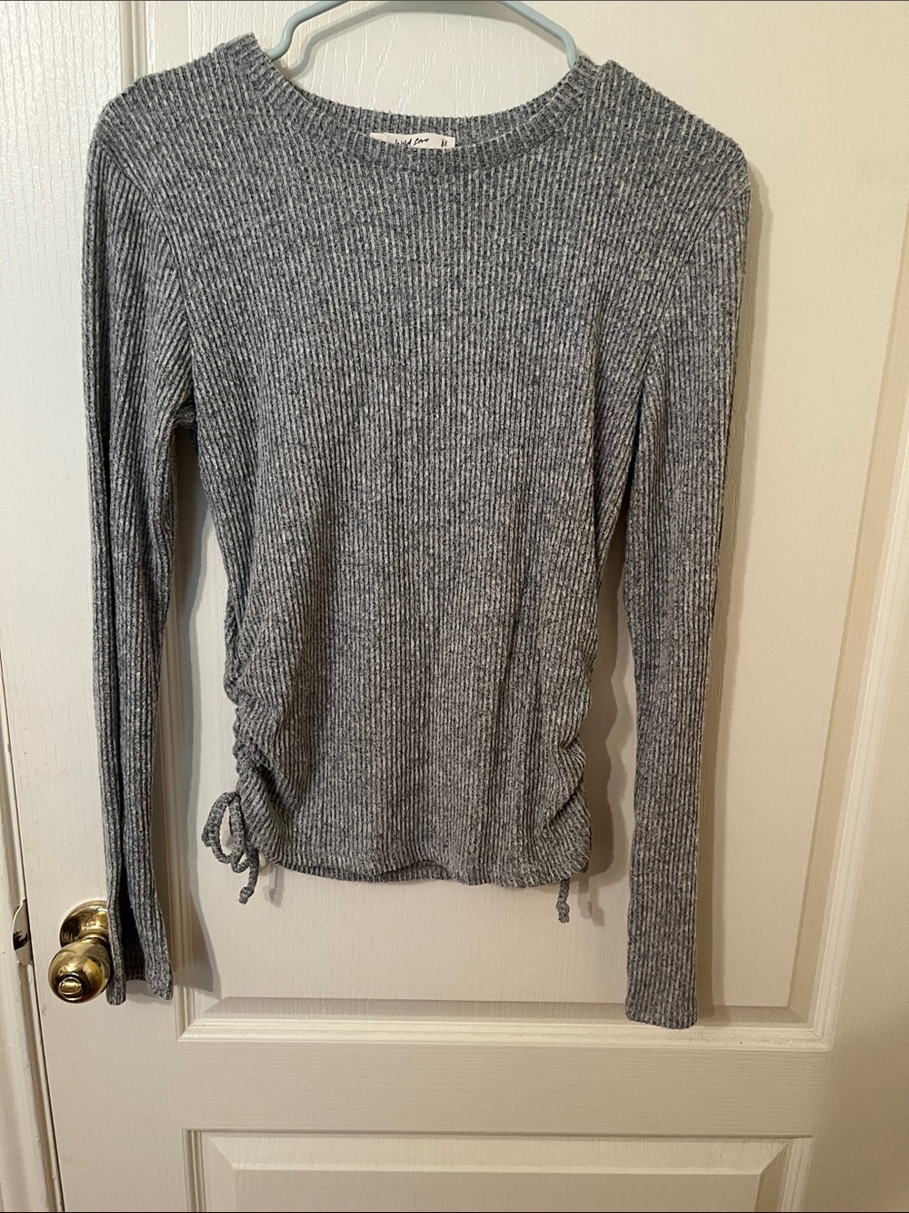 Gray Ribbed Crewneck Sweater with Side Tie Detailing